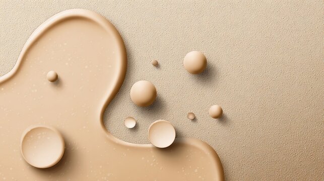 Beige liquid spill and spheres on textured background, soft lighting and shadows