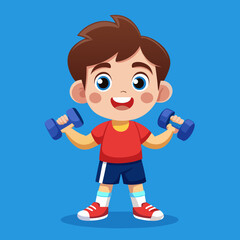 Happy boy lifting dumbbells for exercise