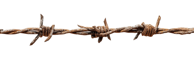 Aged rusty barbed wire stretches across a dark background
