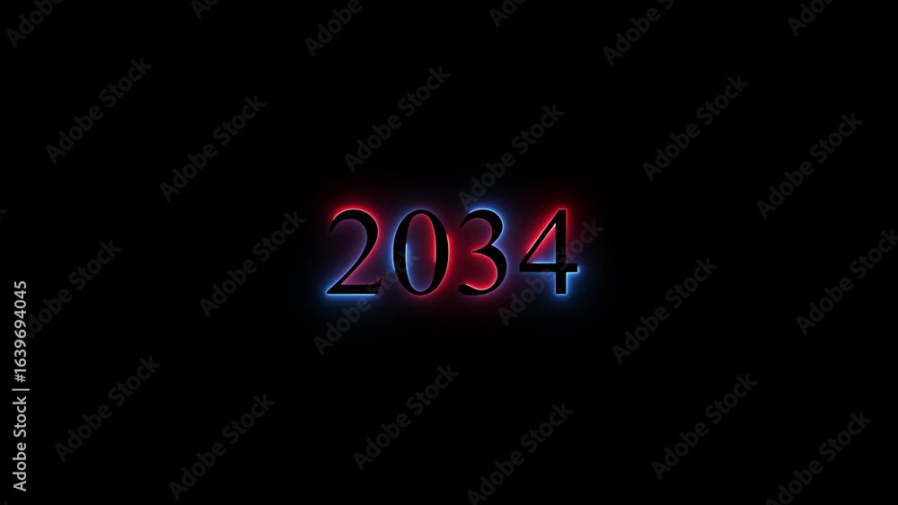 Poster glowing neon numeric text 2034 year , 2034 neon line text. abstract 2034 neon text animation , 2034 