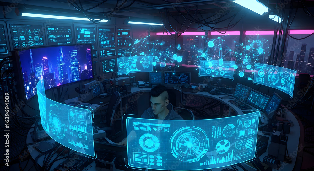 Poster futuristic control room with hologram displays and a man looking at screens. tech-filled workspace i