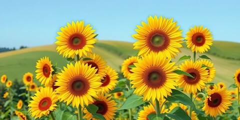 Obraz premium Vibrant sunflowers in full bloom across a rolling summer hill, paper-cut style, cheerful, paper