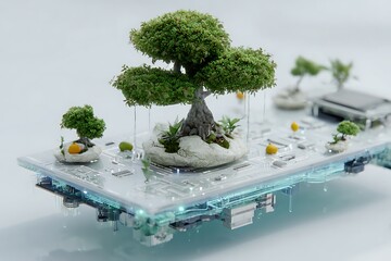 Stunning miniature bonsai trees flourish on a futuristic circuit board, symbolizing growth and innovation in technology