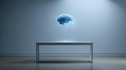 Blue glowing brain suspended above a minimalist table emitting light particles against a plain wall