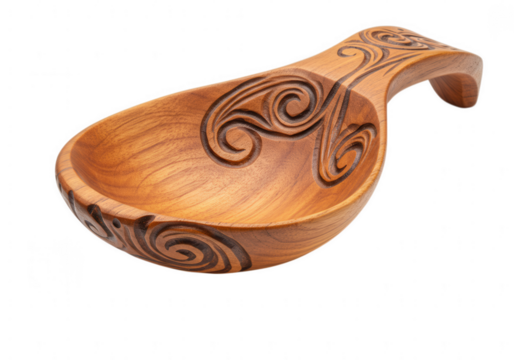 Ornate hand carved wooden spoon with intricate celtic knotwork designs isolated on transparent background