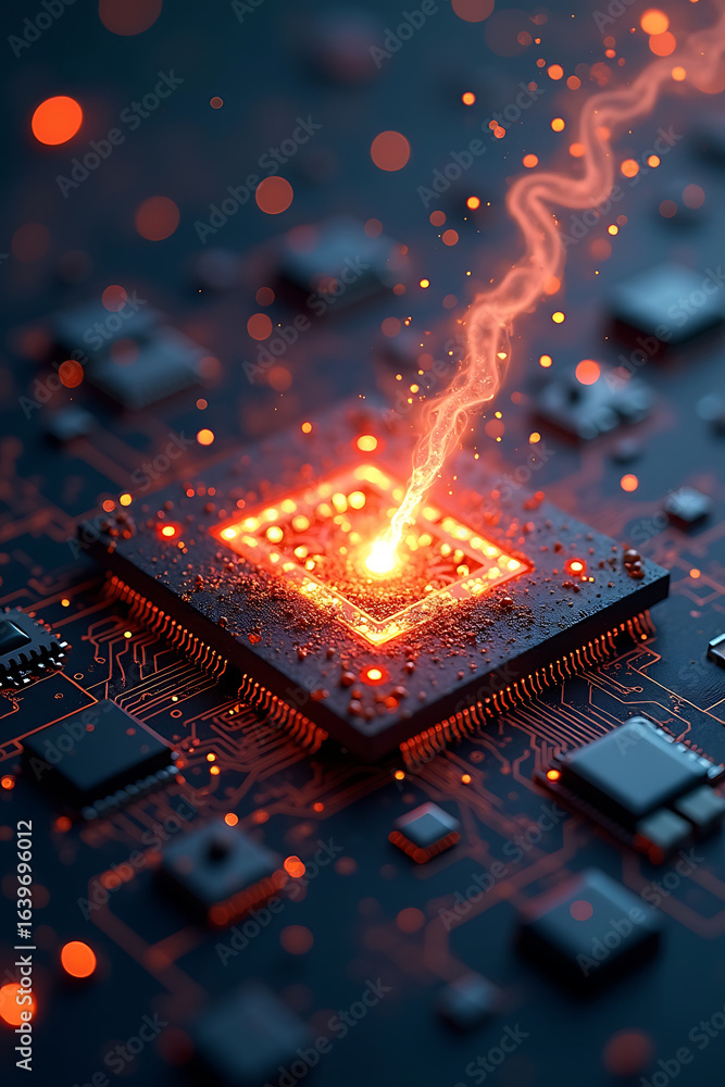 Poster a glowing central processing unit with energy emanating from its core, showcasing technology.