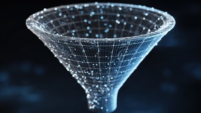 Wireframe funnel with glowing digital particles against a dark blurred background