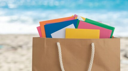 Naklejka premium Brown paper bag overflowing with colorful cards on a beach