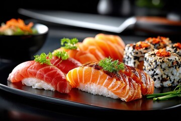 Delicious Sushi Platter Featuring Grilled Salmon Nigiri Sashimi Rolls