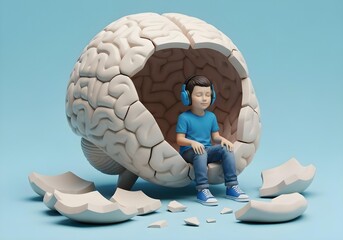 Autistic child boy wearing noise cancelling headphone sitting inside cracked artificial brain on blue background concept of sensory processing disorder and mental health care
