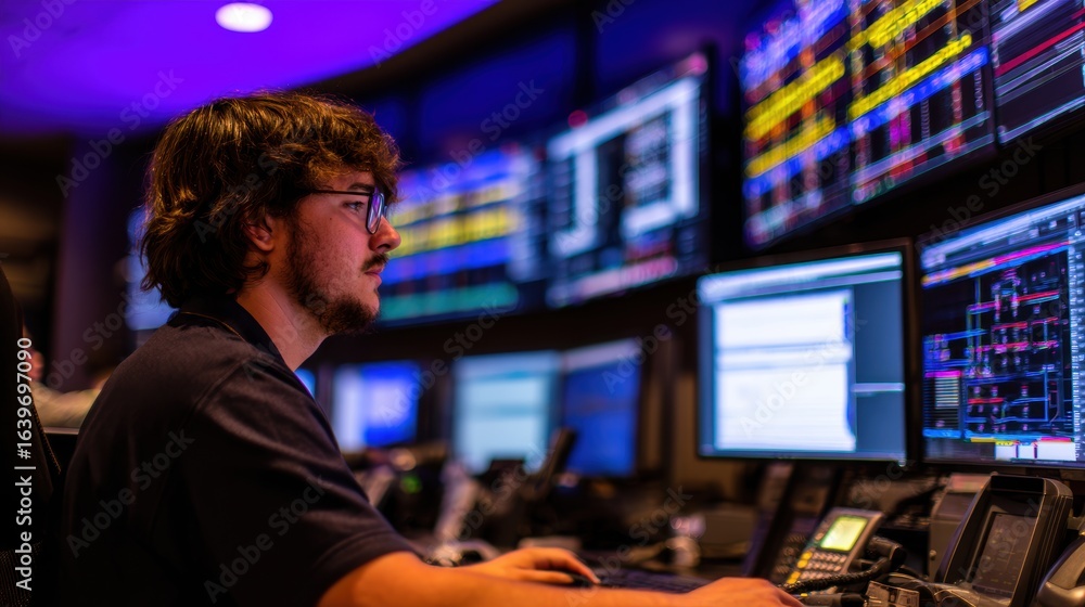 Poster focused individual analyzing data on multiple screens in a modern control room environment