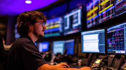 Focused individual analyzing data on multiple screens in a modern control room environment