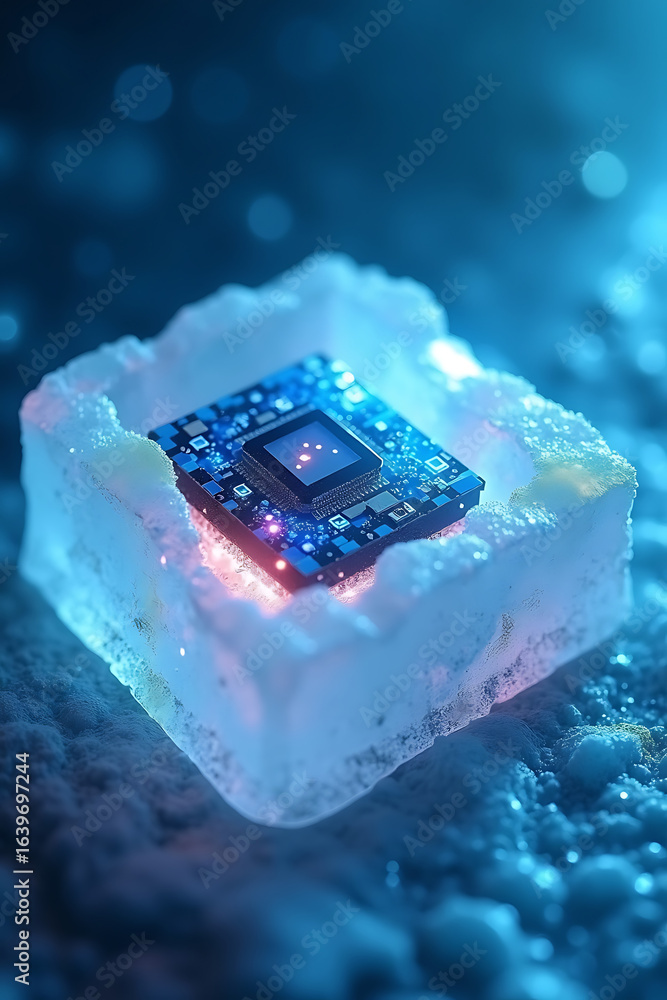 Poster a close-up view of a computer chip encased in a block of ice, glowing.