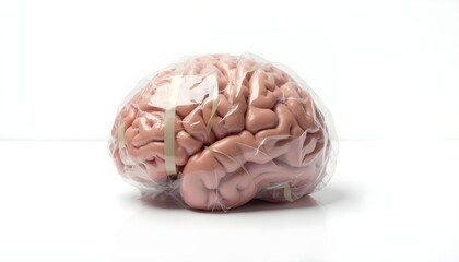 Human brain wrapped in bubble wrap with adhesive tape isolated on white background concept of fragile mind brain injury prevention and mental health care