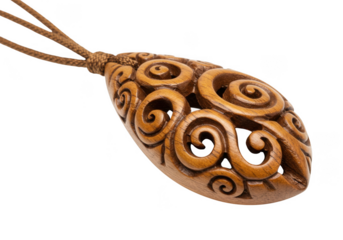 Beautifully carved wooden pendant with intricate swirl patterns isolated on transparent background