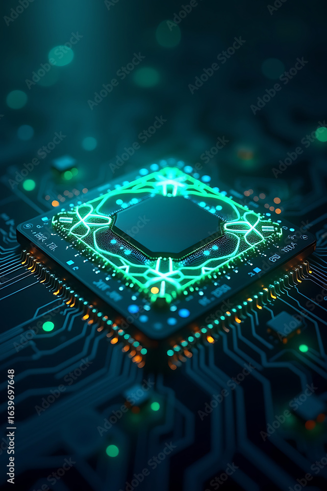 Poster close-up view of a glowing computer chip on a circuit board, highlighting intricate circuitry and te