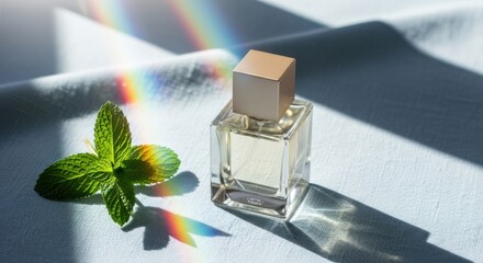 Refreshing mint infused glass perfume bottle with prismatic light reflections
