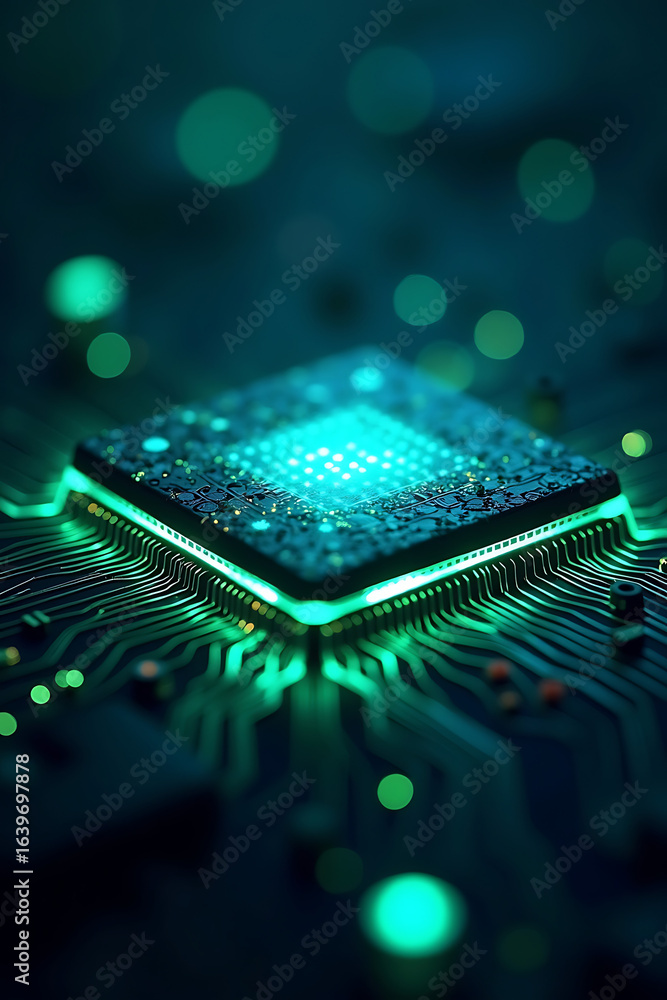 Poster close-up of a glowing microchip on a circuit board with green light effects.