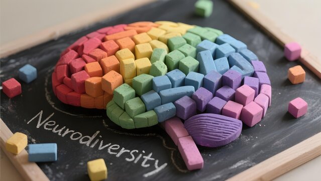 Rainbow colored brain made of chalk blocks on blackboard with word neurodiversity concept of autism ADHD inclusion and mental health awareness in education
