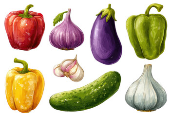Vibrant illustration of assorted vegetables.  Colorful bell peppers, purple eggplant, onion, garlic, and cucumber are depicted