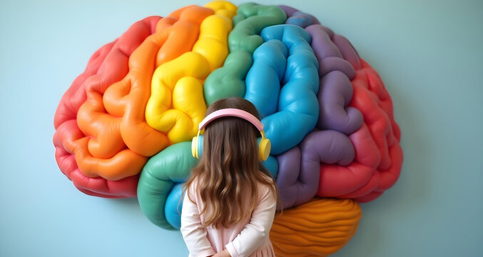 Autistic child girl wearing noise cancelling headphone facing large rainbow brain model concept of neurodiversity spectrum awareness and cognitive function representation - Powered by Adobe