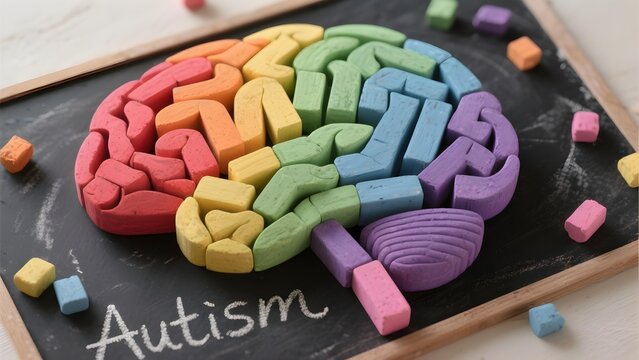 Rainbow colored brain made of chalk blocks on blackboard with word autism concept of spectrum awareness inclusion ADHD and mental health in education - Powered by Adobe