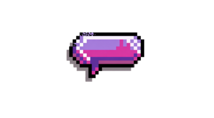Pixelated, purplish-pink gem, chat bubble shape