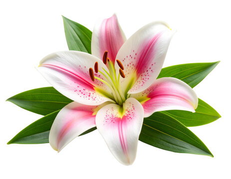 Lily flower with green leaves isolated, Tropical White and pink lilium flower.