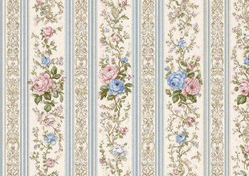 Fototapeta Pale cream wallpaper with vertical light blue stripes, detailed with gold-toned ornate borders and bouquets of pastel pink and blue roses