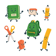 Cute cartoon school supplies characters set, flat vector illustration