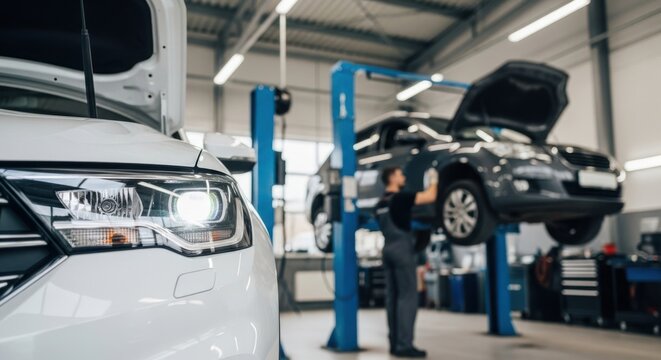 Automotive Repair Shop with Cars on Lifts and Mechanic Working