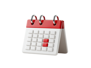 A 3D rendering of a small, desktop calendar.  A single, highlighted square on the calendar is red.  The calendar is white with a red border