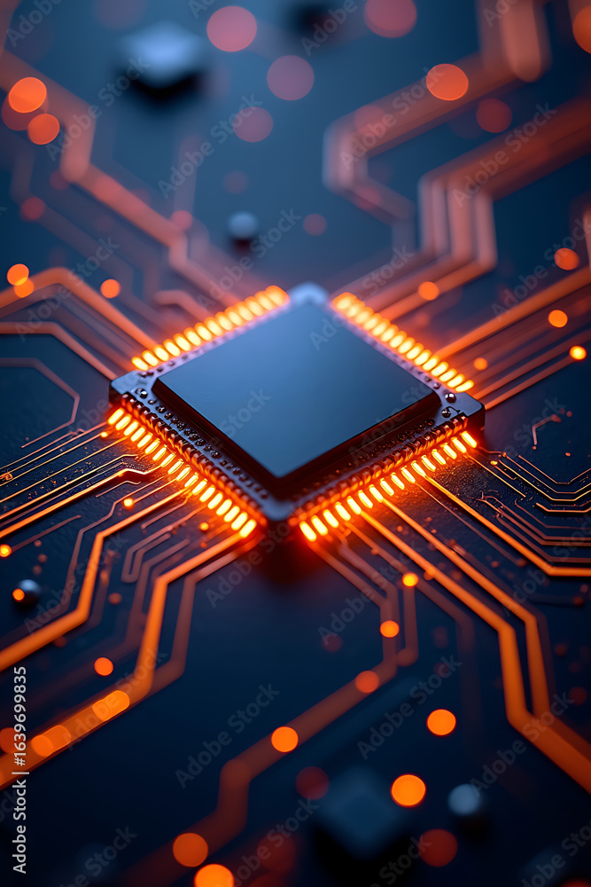 Aufkleber close-up view of a computer chip on a circuit board, highlighted by orange light.