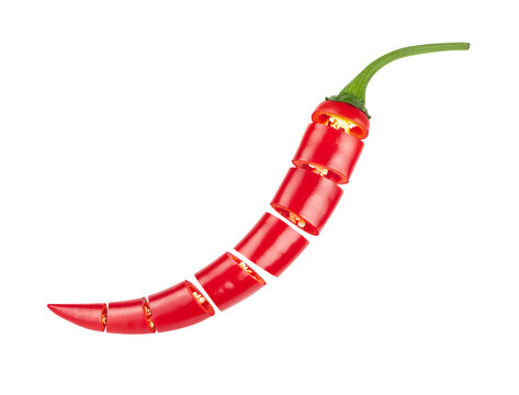 Sliced red chili pepper, spicy cooking ingredient, culinary hot flavor, food photography, isolated on transparent background