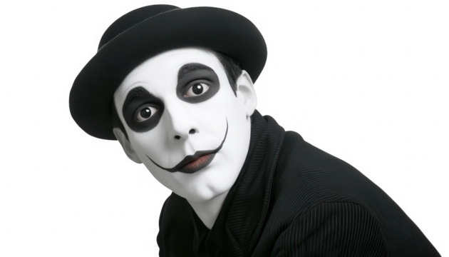 Professional mime artist in classic black and white outfit with white face paint