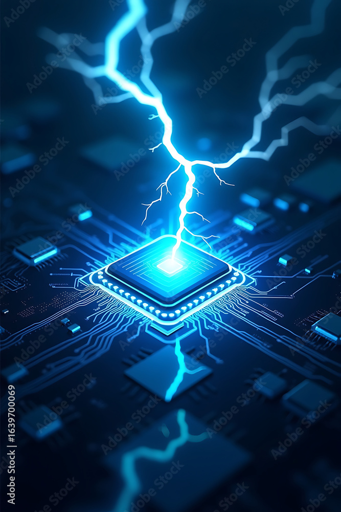 Aufkleber a powerful lightning bolt strikes a central computer chip on a complex circuit board.