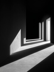 Obraz premium Minimalist interior with contrasting light and shadows highlighting doorways in a dark space