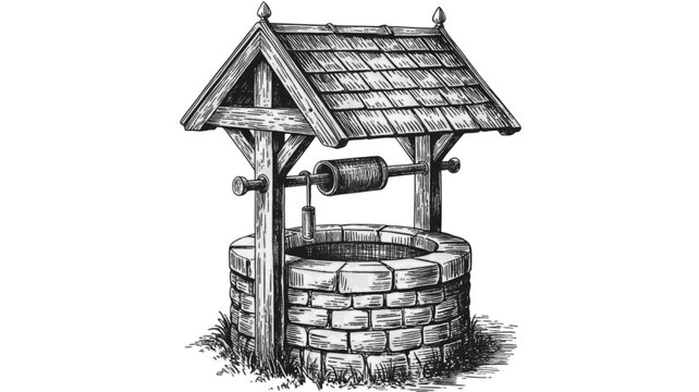 A vintage hand-drawn illustration of a classic stone wishing well