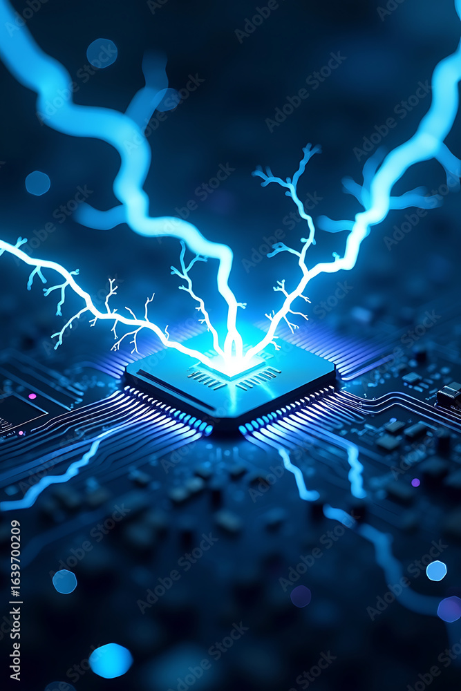 Poster powerful electrical energy emanating from a central computer chip on a circuit board.