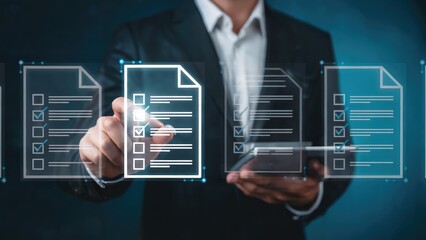 Businessman using digital checklist with glowing icons for project success and approval