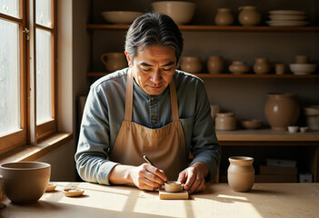 A skilled artisan meticulously crafting pottery with a focused and concentrated expression. Surrounding him are various ceramic creations, highlighting his expertise and the beauty of handmade art.