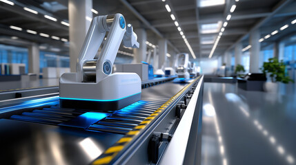 Naklejka premium Robot transporting materials on a conveyor belt in a smart factory