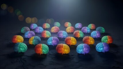Group of small glowing brains in multiple colors on dark background concept of neurodiversity mental health awareness and cognitive network