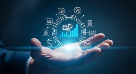Futuristic digital interface with glowing heart and data charts projected above an open hand