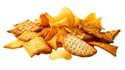 Assortment of Crispy Snack Chips and Crackers on White
