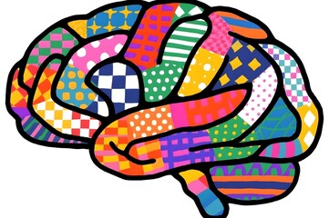 Abstract colorful patterned brain illustration on blue background concept of neurodiversity mental health inclusion and creative thinking