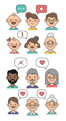Illustrations of diverse people of different ages and genders communicating with speech bubbles showing emotions and thoughts