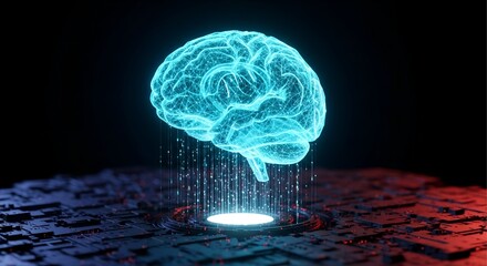 Futuristic glowing blue holographic brain projection emanating light and energy on a dark textured surface