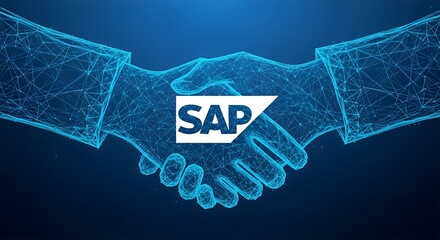 Digital handshake formed by glowing blue lines with sap logo symbolizing business partnership and technology integration