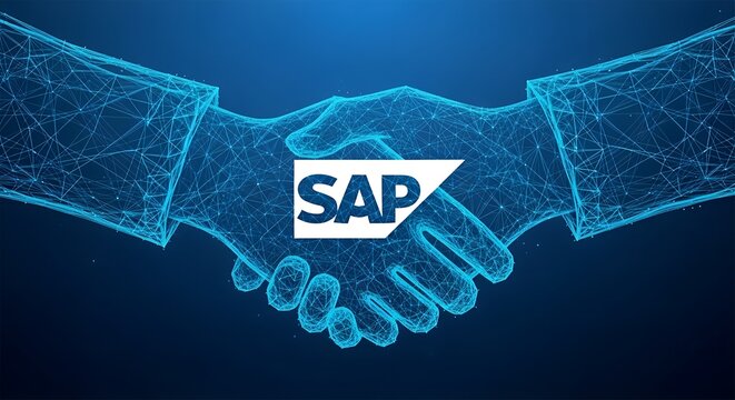 Digital handshake formed by glowing blue lines with sap logo symbolizing business partnership and technology integration